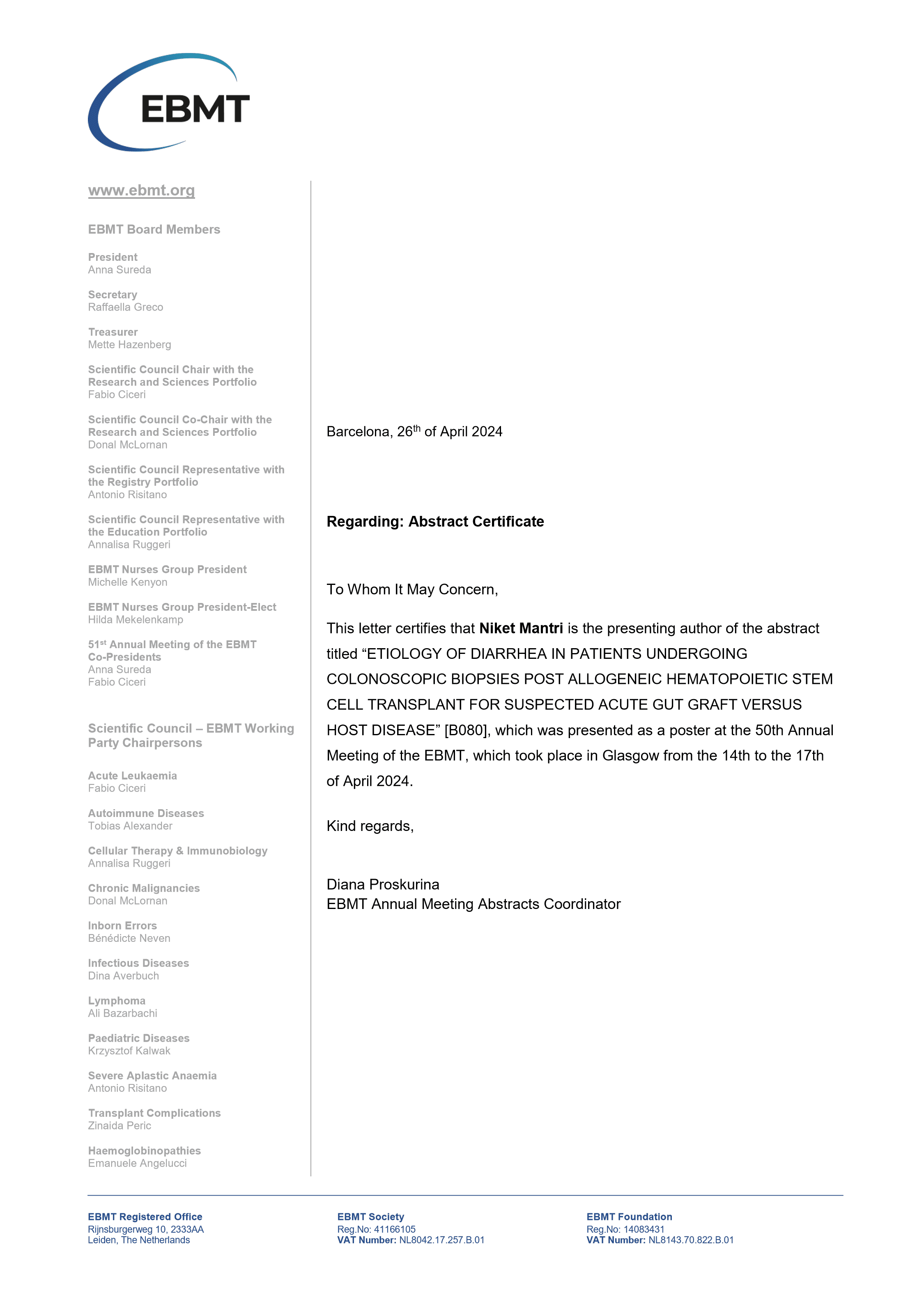 ACTREC, Tata Memorial Centre experience certificate for Dr. Niket Mantri