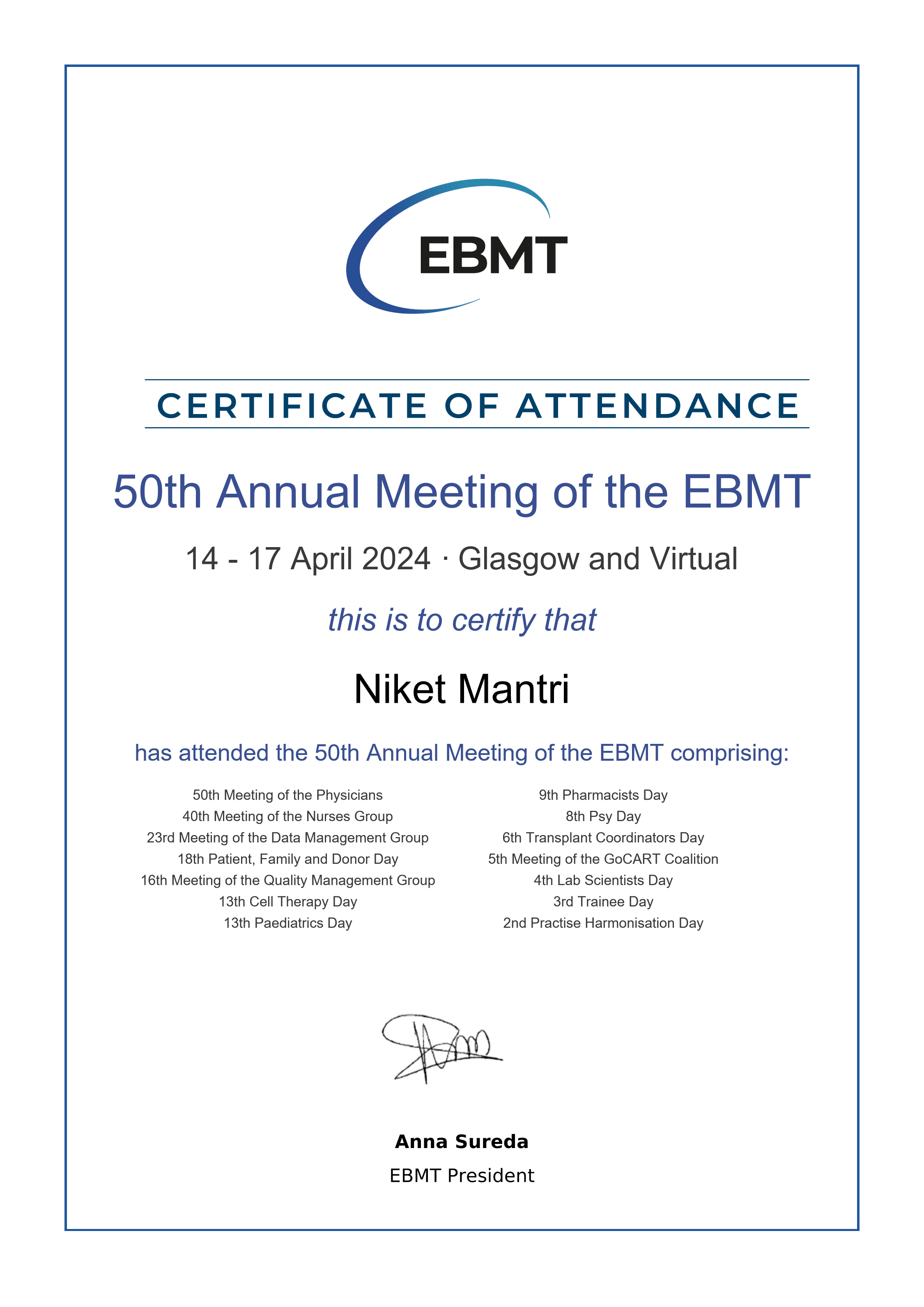 Mumbai Hematology Group life membership confirmation letter for Dr. Niket Kedar Mantri