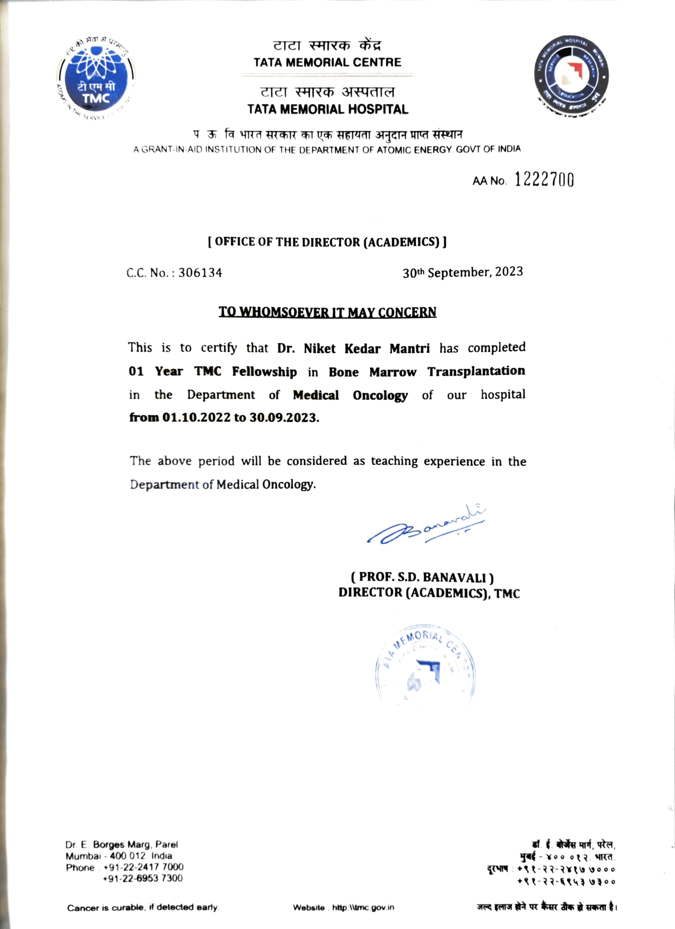 Tata Memorial Centre fellowship certificate in Bone Marrow Transplantation for Dr. Niket Kedar Mantri